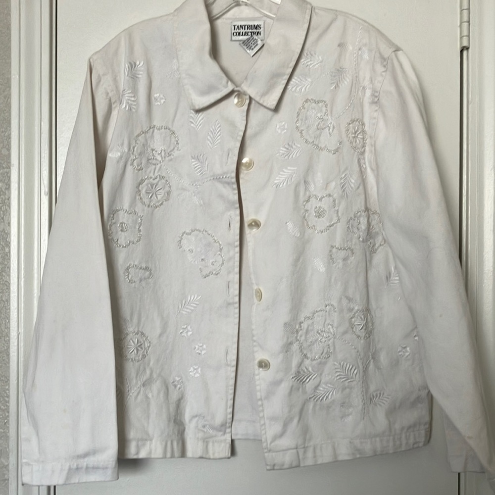 Heavy White Denim Jacket, Beaded By Tantrums Collection. Length 26” back